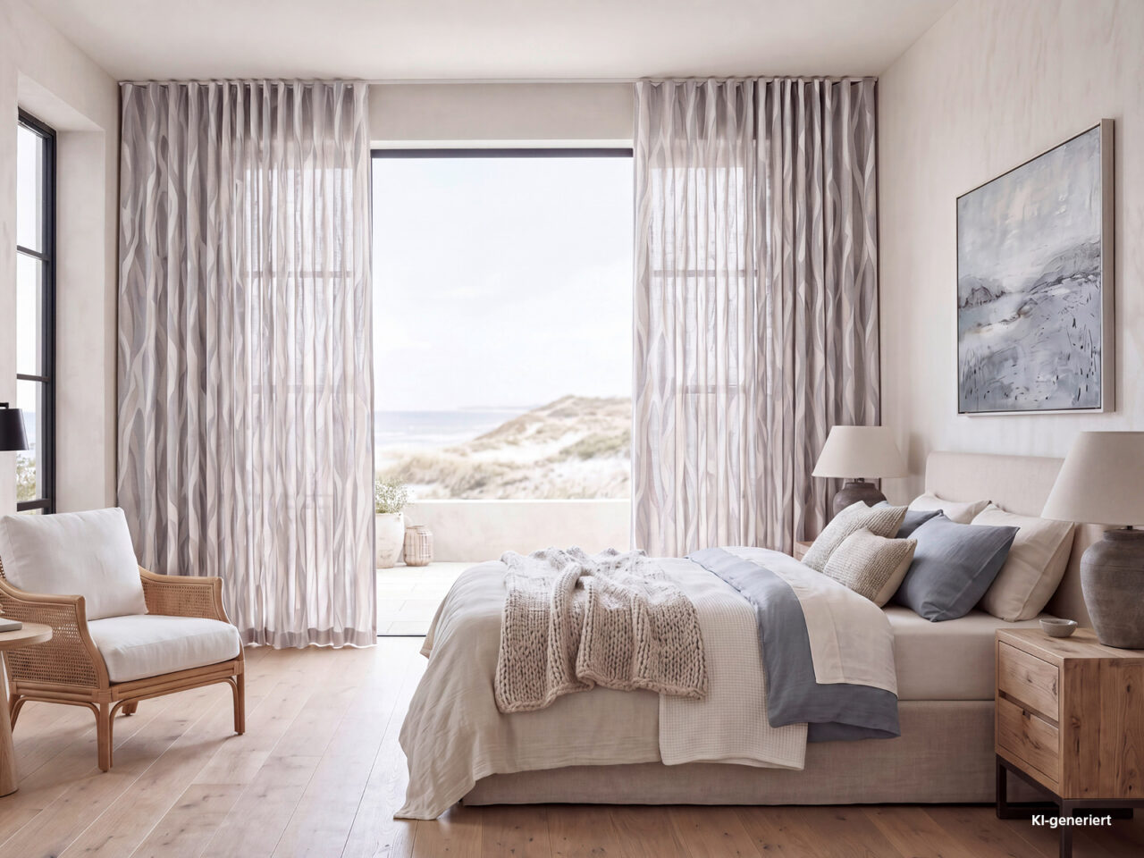 Stoff Olana. Ein Bild, das einen luftigen Vorhang, in einem Schlafzimmer enthält.